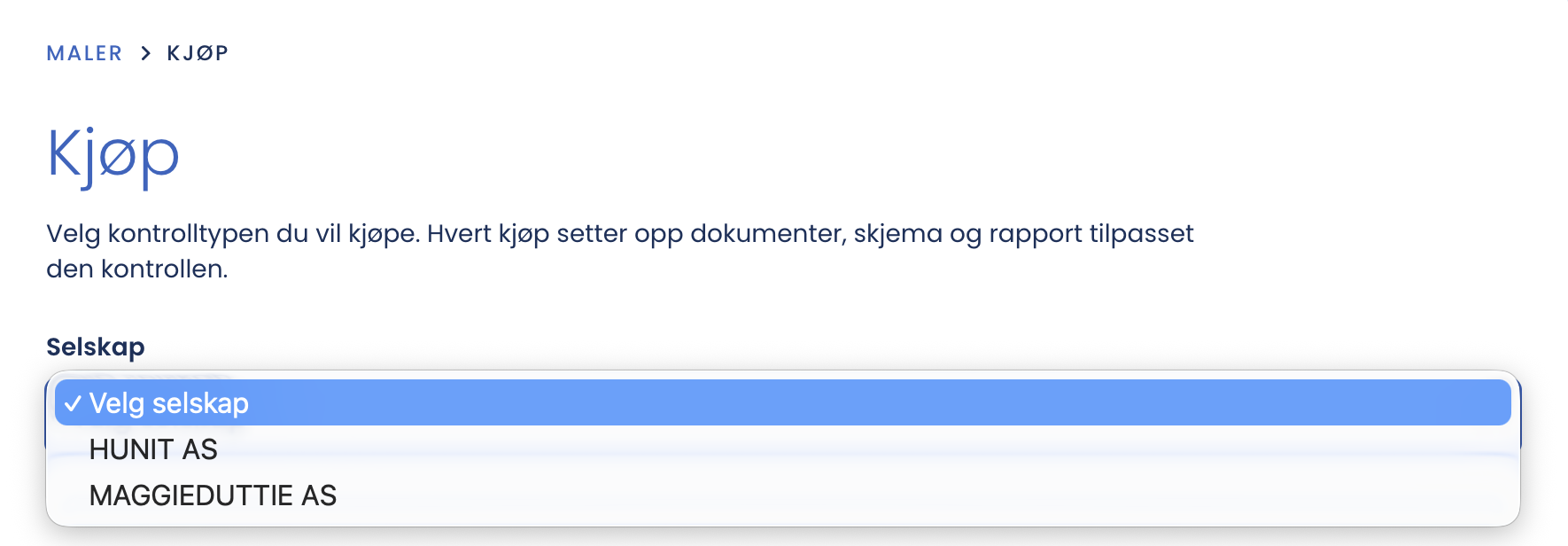 Kjøp-siden med selskapsvelgeren