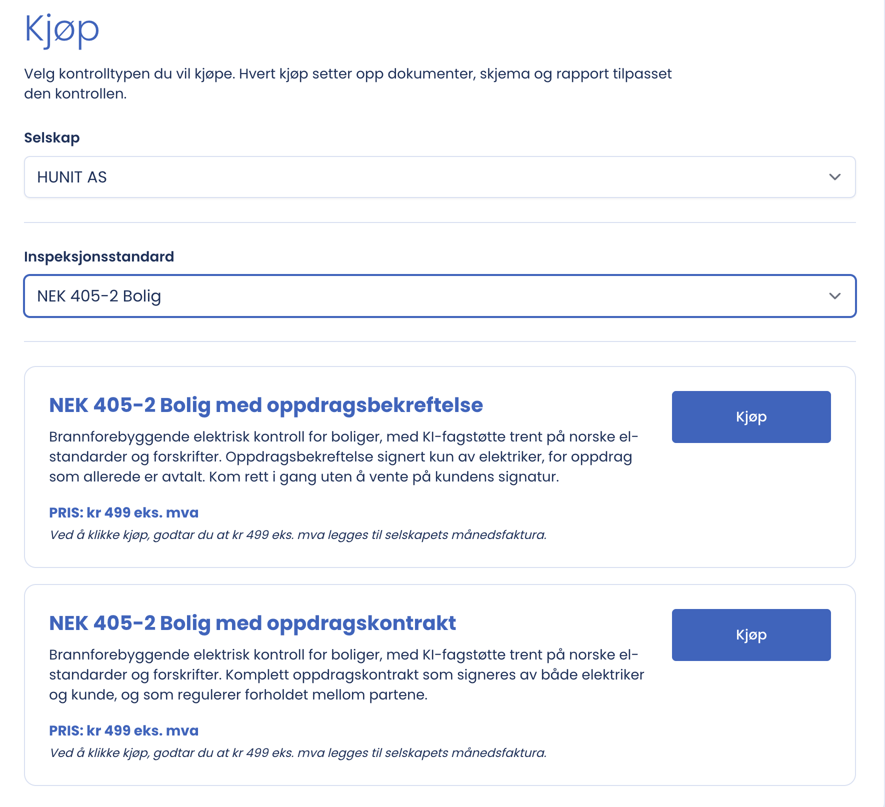 Kjøpsalternativene for valgt standard