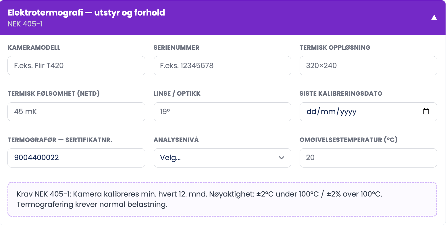Seksjonen Elektrotermografi med kamera- og kalibreringsfelt