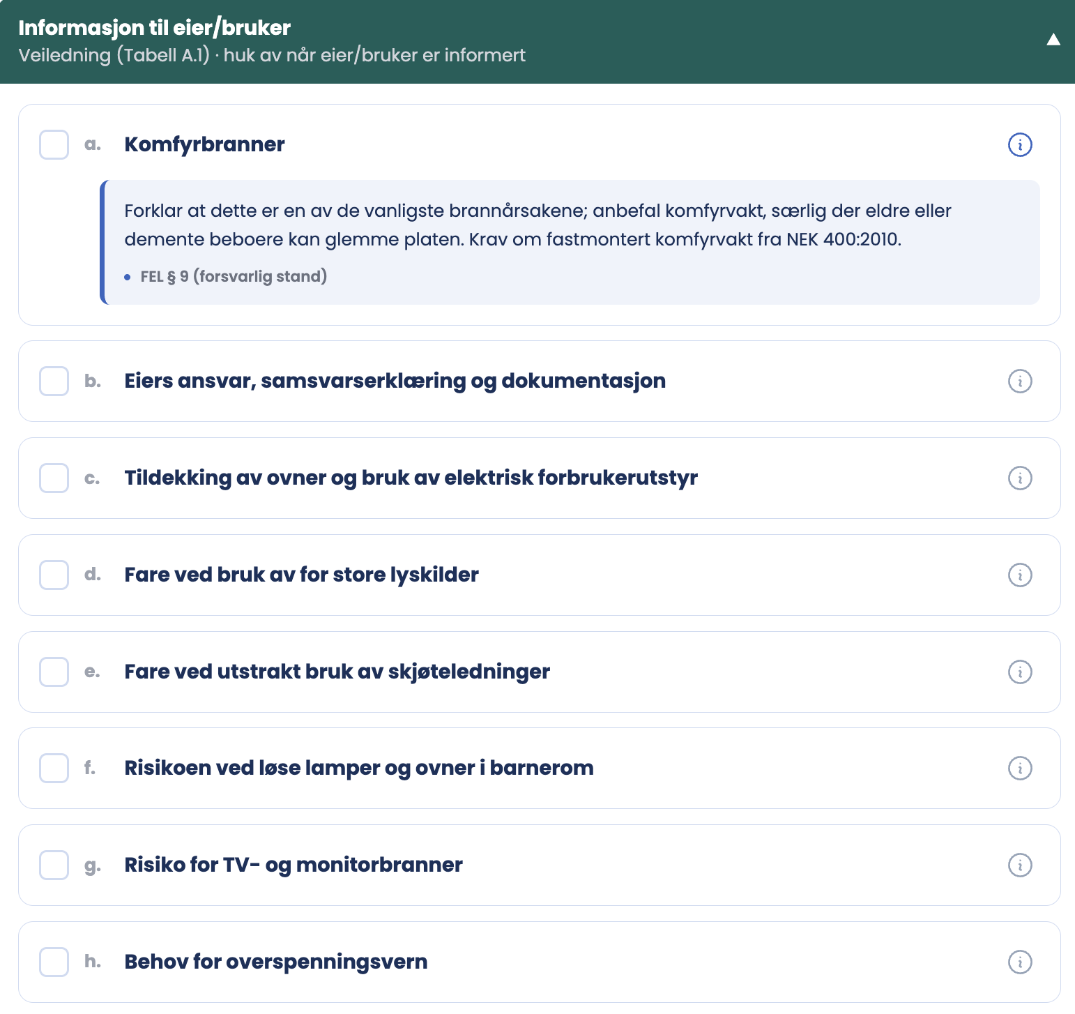 Informasjon til eier eller bruker med avkryssingsboksene og veiledningsteksten under punkt a