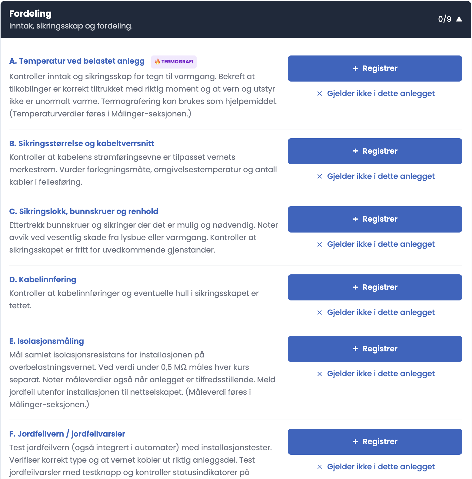 Skjermbilde av listen over kontrollpunkter