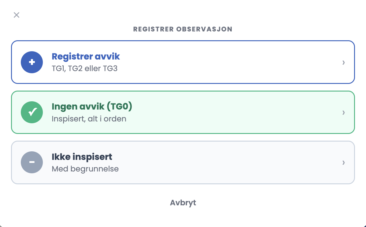 Skjermbilde av valget mellom de tre observasjonstypene