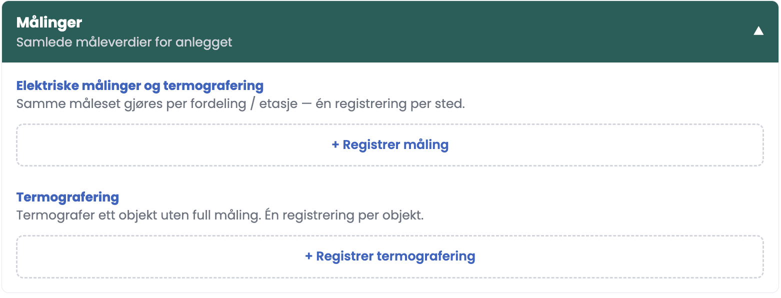 Skjermbilde av Målinger-seksjonen med Registrer måling og Registrer termografering