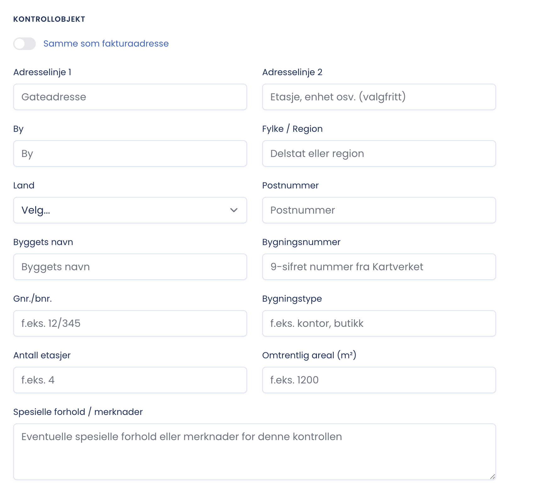 Kontrollobjekt-seksjonen i oppsettskjemaet