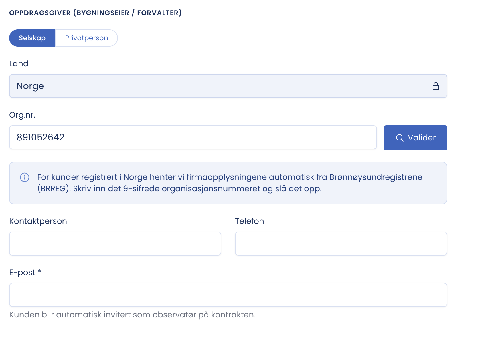 Oppdragsgiver-seksjonen med bryteren mellom Selskap og Privatperson, org.nr.-oppslag og e-postfeltet