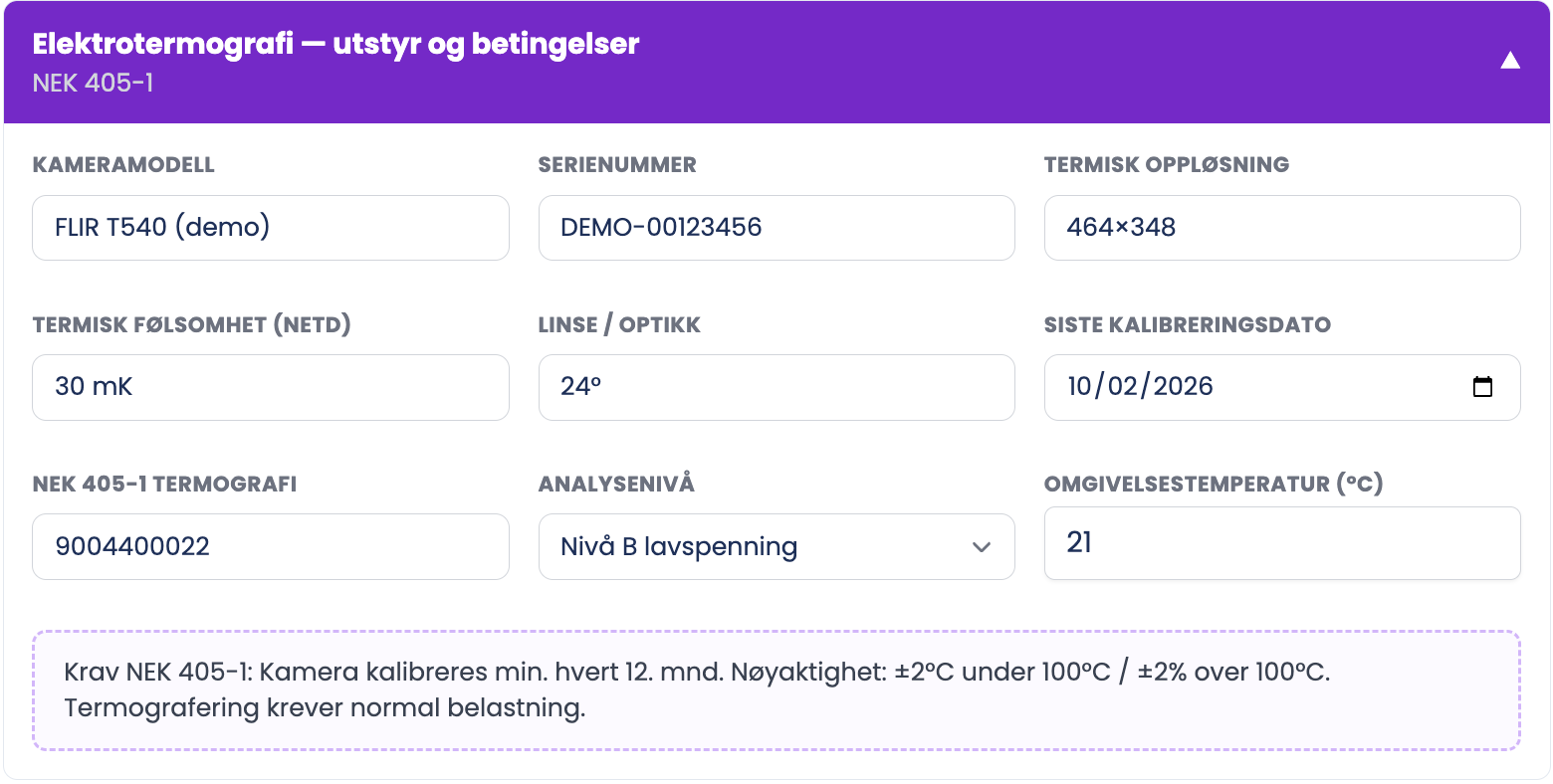 Seksjonen Elektrotermografi med kamera- og kalibreringsdata