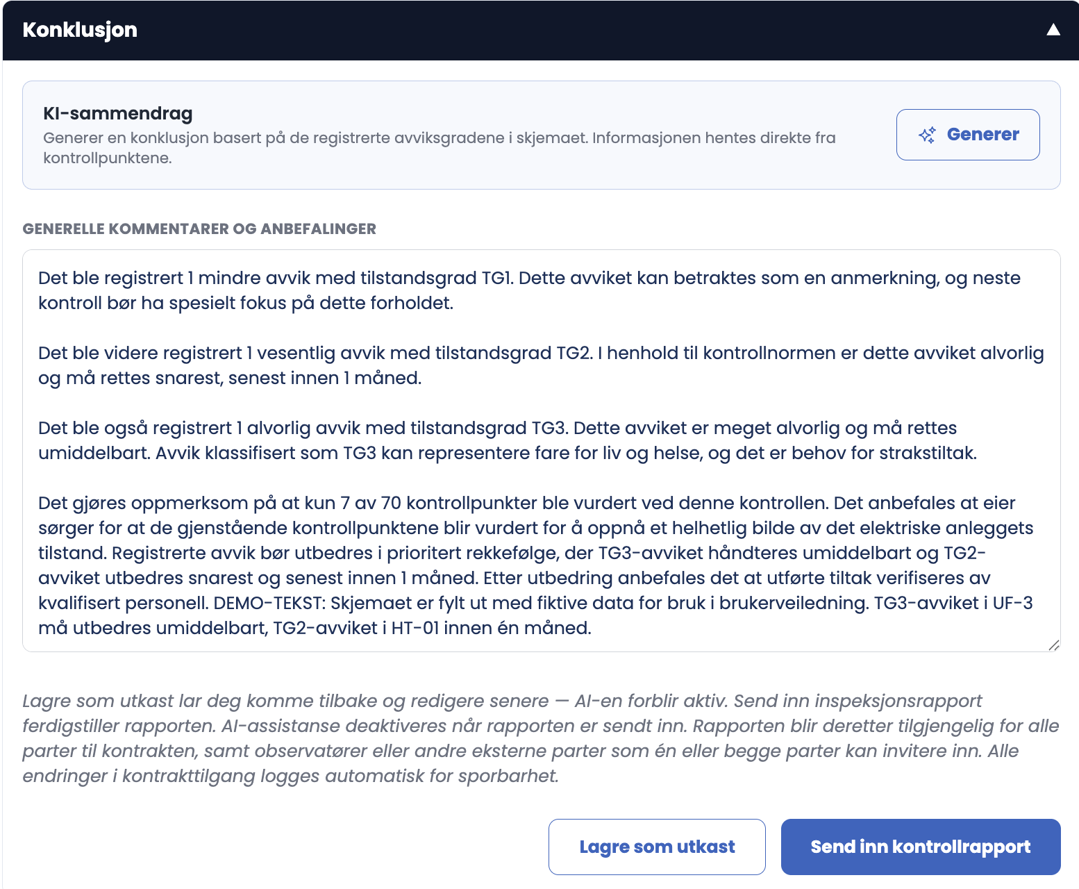 Konklusjonsseksjonen med KI-sammendrag og generert tekst