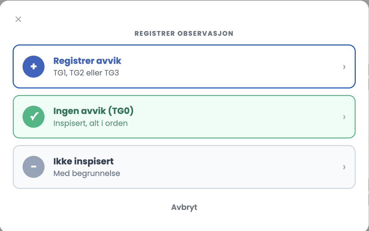 Valgvinduet Registrer observasjon med de tre alternativene